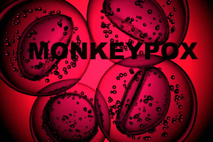 Monkey pox - word with cells or molecules of the virus macro on a dark red background. 3D render.