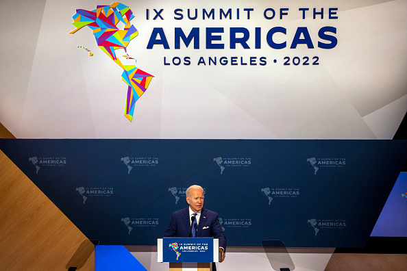 Los Angeles, CA - June 09: U.S President Joe Biden speaking at the IX Summit of the Americas at the LA Convention Center in Los Angeles on Wednesday, June 8, 2022. (Francine Orr/ Los Angeles Times via Getty Images)