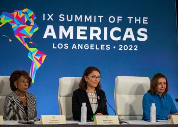 Los Angeles, CA - June 10: U.S. Congresswoman Maxine Waters, left, U.S. Congresswoman Suzan DelBene, middle, and Speaker Nancy Pelosi, U.S. House Congressional Delegation Bilateral Meeting at the IX Summit of the Americas at the LA Convention Center in Los Angeles on Friday, June 10, 2022. (Francine Orr/ Los Angeles Times via Getty Images)