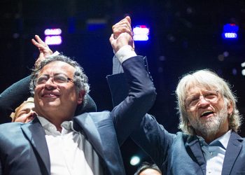 President Elect Gustavo Petro (Left) celebrates with politician and former mayor of Bogota Antanas Mockus (Right) during the campaign celebration of Gustavo Petro who won the second round of presidential elections in Colombia after passing 11 million votes and gaining a difference of 700.000 votes to independent Rodolfo Hernandez in Bogota, Colombia June 19, 2022. (Photo by Sebastian Barros/NurPhoto via Getty Images)