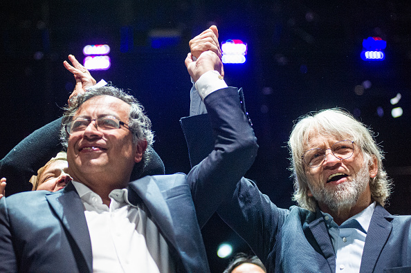 President Elect Gustavo Petro (Left) celebrates with politician and former mayor of Bogota Antanas Mockus (Right) during the campaign celebration of Gustavo Petro who won the second round of presidential elections in Colombia after passing 11 million votes and gaining a difference of 700.000 votes to independent Rodolfo Hernandez in Bogota, Colombia June 19, 2022. (Photo by Sebastian Barros/NurPhoto via Getty Images)