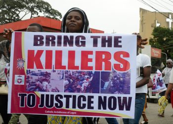 Catholic faithful stage a peaceful protest to condemn the rampant killing in Benue State, North Central of Nigeria, at St. Leo Catholic Church, Ikeja, Lagos, Nigeria on Tuesday. (Photo by Adekunle Ajayi/NurPhoto via Getty Images)