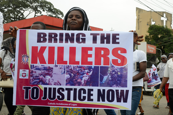 Catholic faithful stage a peaceful protest to condemn the rampant killing in Benue State, North Central of Nigeria, at St. Leo Catholic Church, Ikeja, Lagos, Nigeria on Tuesday. (Photo by Adekunle Ajayi/NurPhoto via Getty Images)