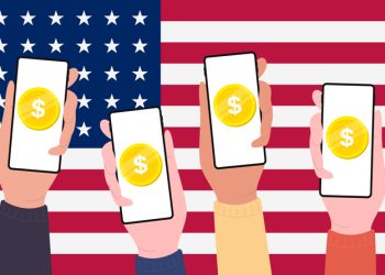Digital Dollar Coins on mobile screen of people, CBDC currency futuristic digital money on USA flag  background. vector