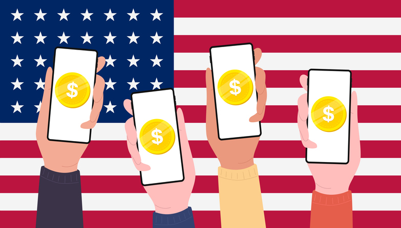 Digital Dollar Coins on mobile screen of people, CBDC currency futuristic digital money on USA flag  background. vector