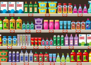 Shelves with household chemicals in shop. Vector illustration