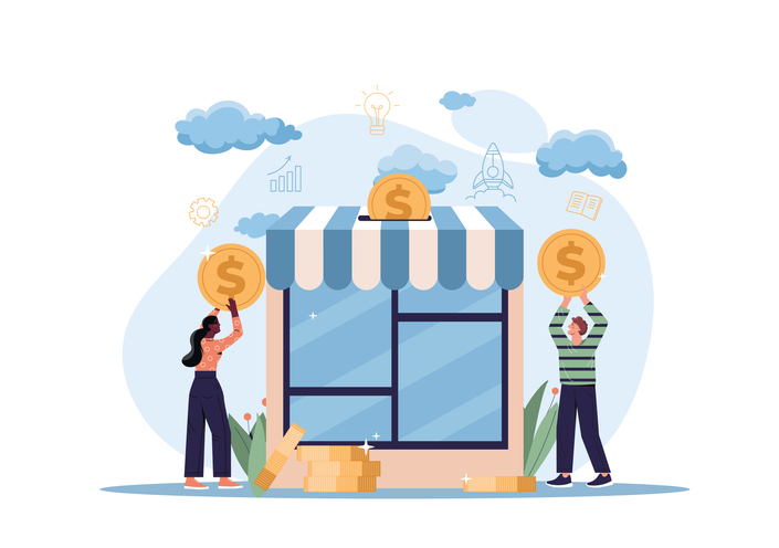 Financing business concept. Man and girl with coins in their hands. Investors and investments, financial literacy, small business support. Sources of company income. Cartoon flat vector illustration