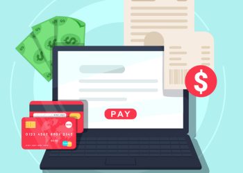 Paying bill online. Online Money Transaction Concept. Payment on internet concept. Flat design style vector illustration. Credit card, notebook with bill and money.