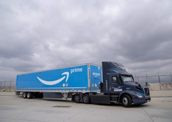 Amazon electric semi trucks at ONT2 in San Bernardino, C