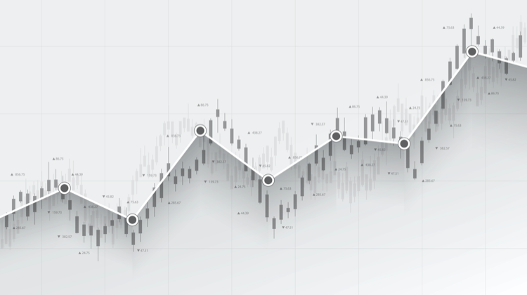 Abstract financial chart with uptrend line graph in stock market on black and white colour background
