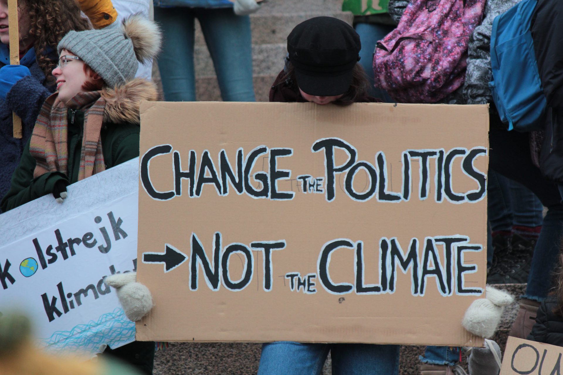 Change the politics, not the climate!" A sign made by kids during the Friday's for future climate strike at the Helsinki Parliament in April 2019