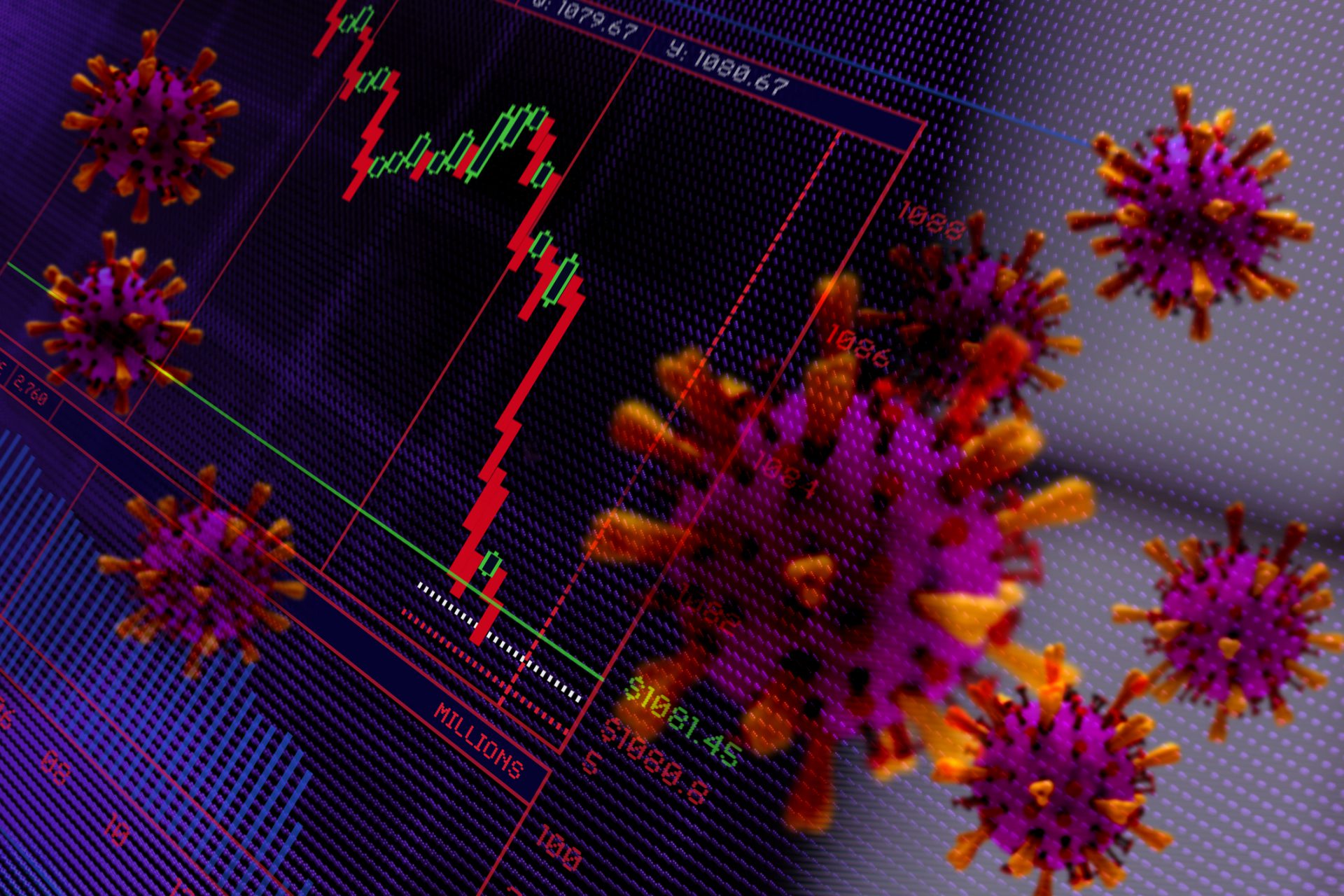 Financial Crash. Trading screen and Corona virus. Abstract image.