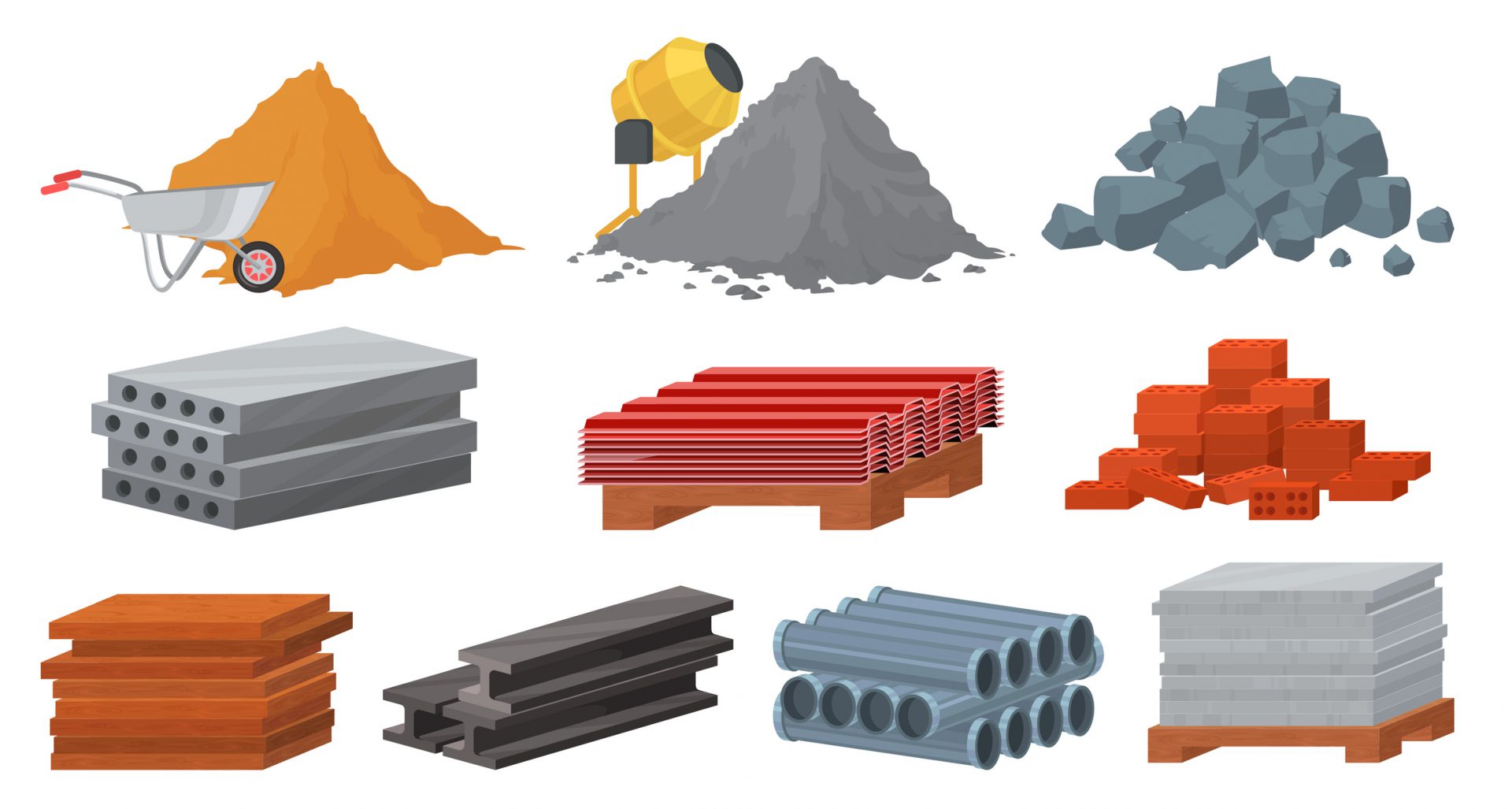 Construction materials set, flat vector illustration. Pile of sand, cement, stones, bricks. Concrete mixer. Stack of gypsum blocks, metal roof, tile, wooden planks. Materials for building industry.