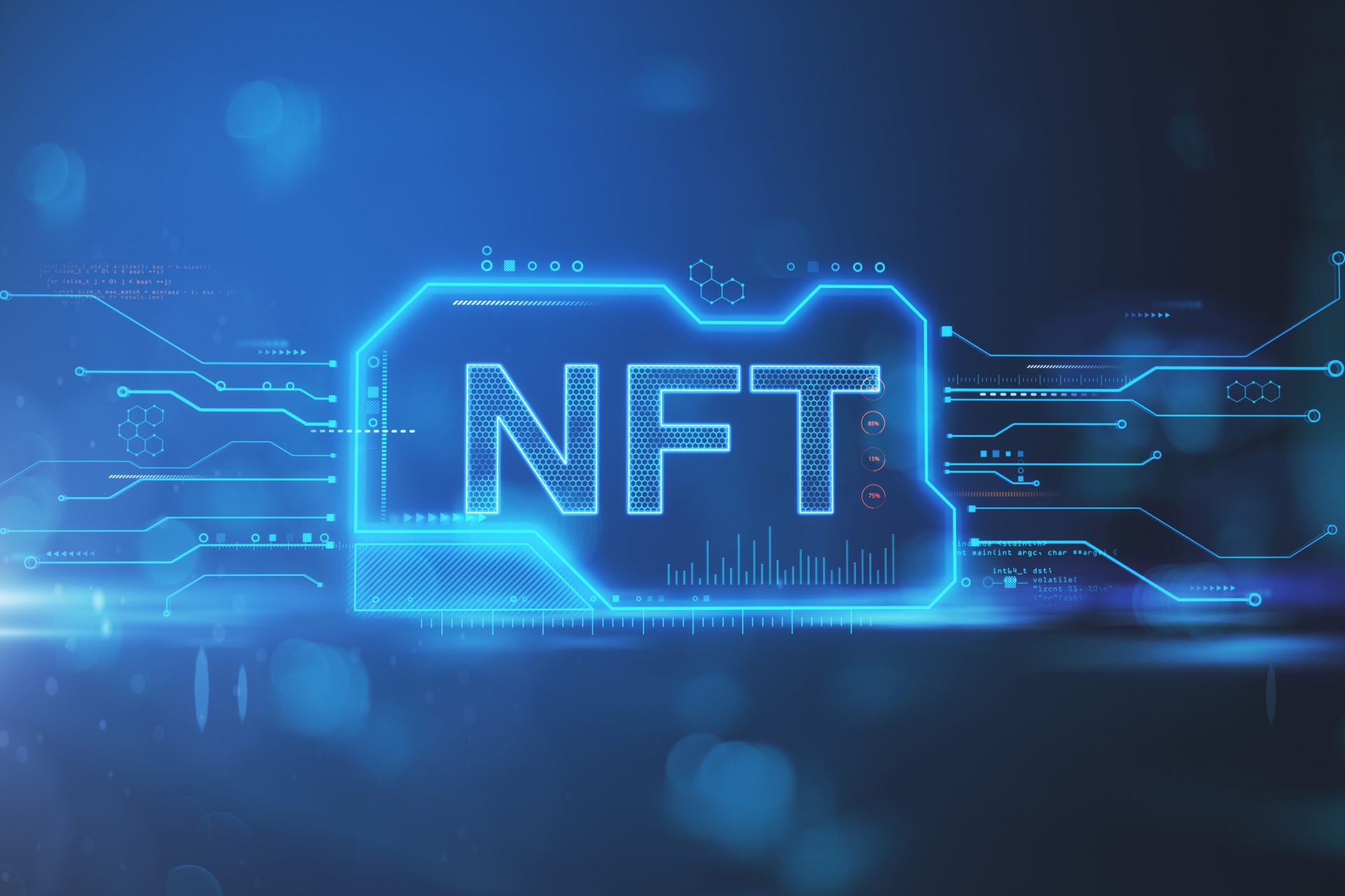 Creative NFT chip hologram on blue background. Non-fungible token and cryptocurrency concept. 3D Rendering