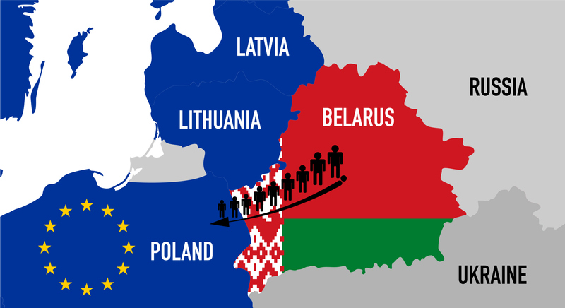 Illegal entry of citizens into Europe, the European Union through Belarus. Refugees. Aggression and rupture of relations between Lukashenka and the EU. Hybrid warfare. Vector illustration
