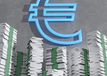 neon euro sign surrounded by stacks of money, 3D Illustration
