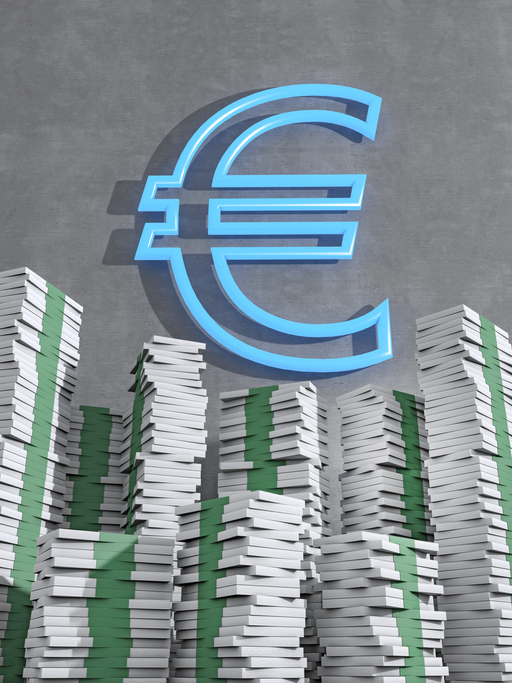 neon euro sign surrounded by stacks of money, 3D Illustration