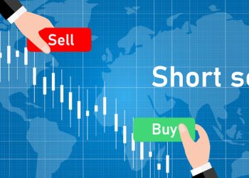 short selling concept hand selling buying transaction on world map with flat style vector design