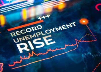 Record Unemployment Rise statistics with charts and diagrams on digital LCD Display