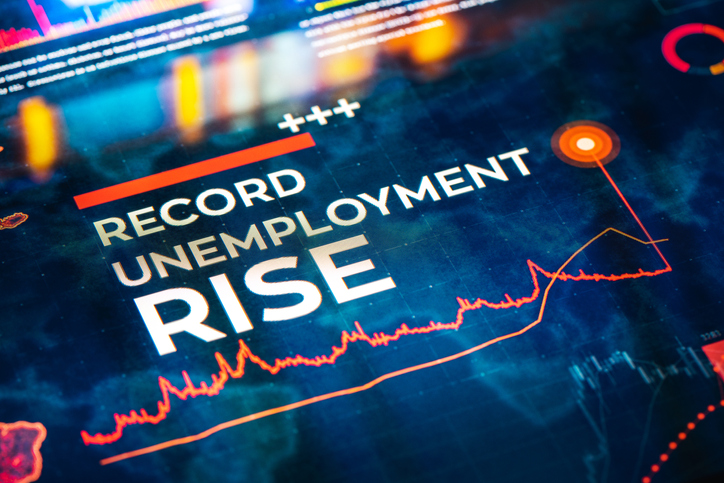 Record Unemployment Rise statistics with charts and diagrams on digital LCD Display