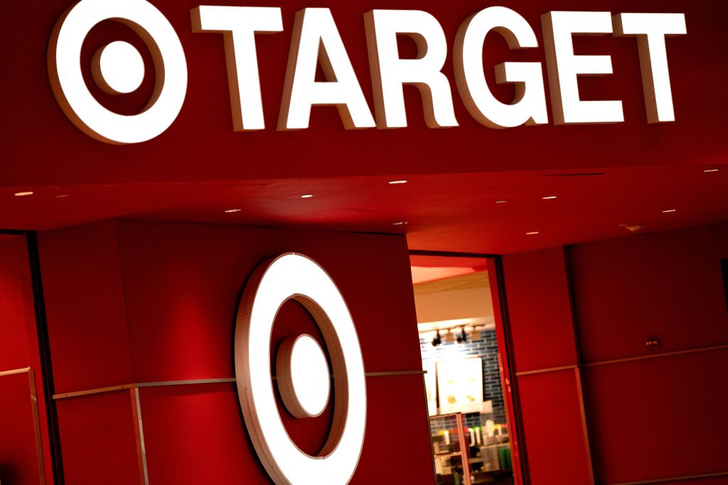 The logo is displayed on a Target store in Washington, DC, on May 18, 2022. - With European markets also in retreat, major US indices took cues from Target, the North American-focused big-box retailer, which plunged around 25 percent after earnings missed expectations despite higher sales. (Photo by Stefani Reynolds / AFP) (Photo by STEFANI REYNOLDS/AFP via Getty Images)