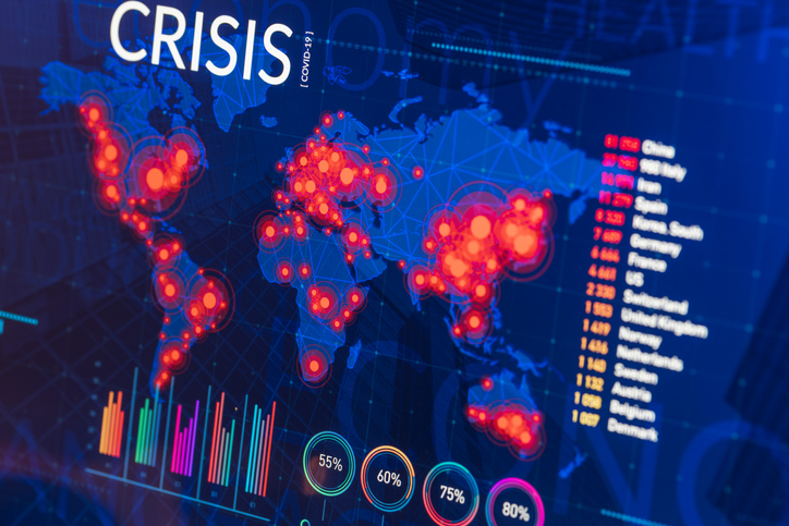 Infographic of global finance and healthcare crisis on digital display