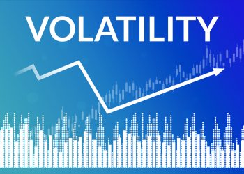 Volatility on financial market, blue finance background from columns, candlesticks, line, arrow. Financial market concept