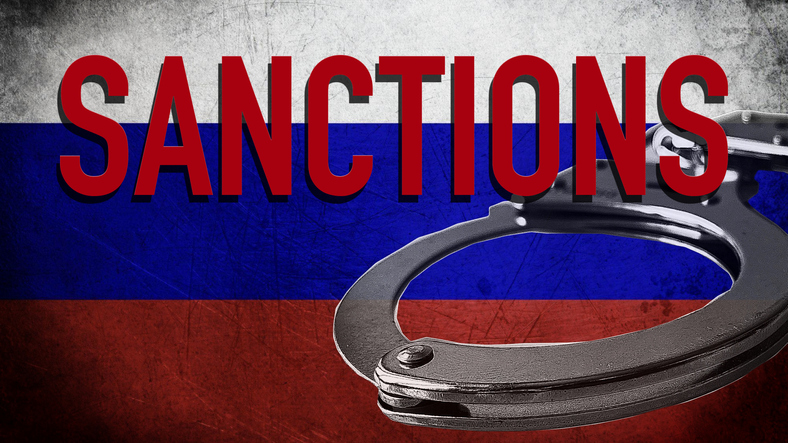 Sanctions against Russia Russian flag handcuffs