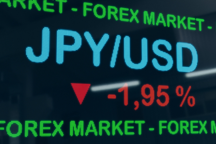 Japanese Yen drops against USD. Infographic with percentage sign on the exchange screen. Currency trading, Forex and economy concept. 3D illustration