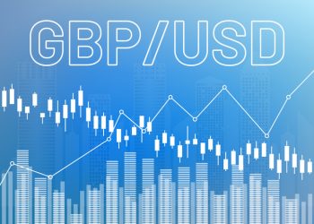 Graph currency pair GBP, USD on blue finance background from columns, lines, candlesticks, city. Financial market concept