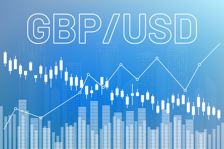 Graph currency pair GBP, USD on blue finance background from columns, lines, candlesticks, city. Financial market concept
