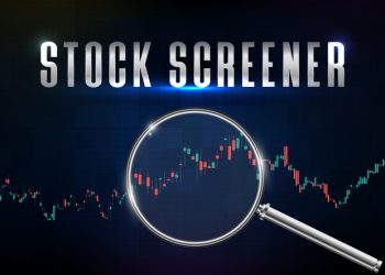 abstract background of stock market screener with magnifying glass and indicator technical analysis graph