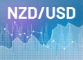 Graph currency pair NZD, USD on blue finance background from columns, lines, number. Financial market concept