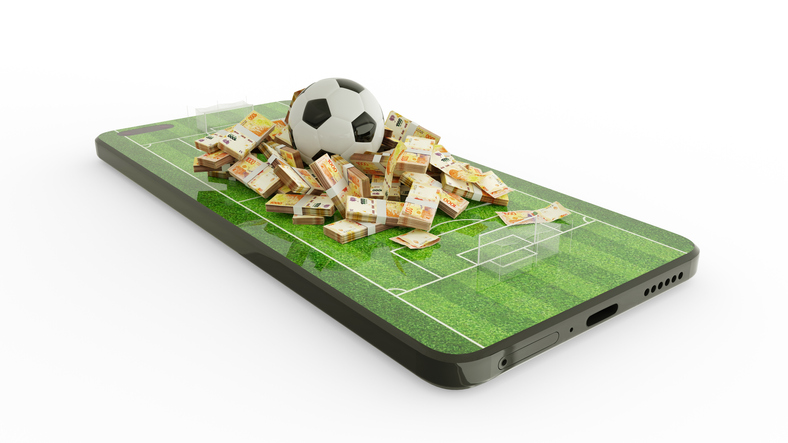 3d rendering of soccer field on mobile phone screen. Argentinian peso notes with Football on phone screen. Soccer pitch on smartphone screen isolated on white background. bet and win concept