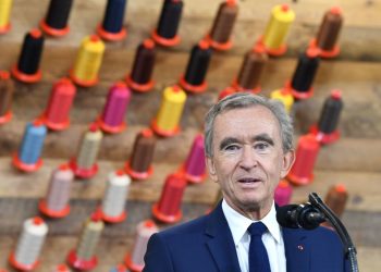 Chief Executive of LVMH (Louis Vuitton Moet Hennessy) Bernard Arnault speaks during a visit to the new Louis Vuitton factory in Alvarado (40 miles south of Fort Worth), Johnson County, Texas on October 17, 2019. - A workshop of the French brand Louis Vuitton will be inaugurated in Texas by Donald Trump, in the presence of Bernard Arnault, CEO of LVMH, who had indicated to the American President in 2017 that he was ready to invest more in the United States. (Photo by Nicholas Kamm / AFP) (Photo by NICHOLAS KAMM/AFP via Getty Images)