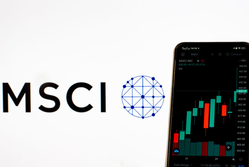 UKRAINE - 2021/04/02: In this photo illustration, the stock market information of MSCI Inc. seen displayed on a smartphone with the MSCI Inc. logo in the background. (Photo Illustration by Igor Golovniov/SOPA Images/LightRocket via Getty Images)
