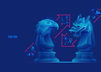 concept of international trade war, graphic of eagle chess piece versus dragon chess piece with business icons