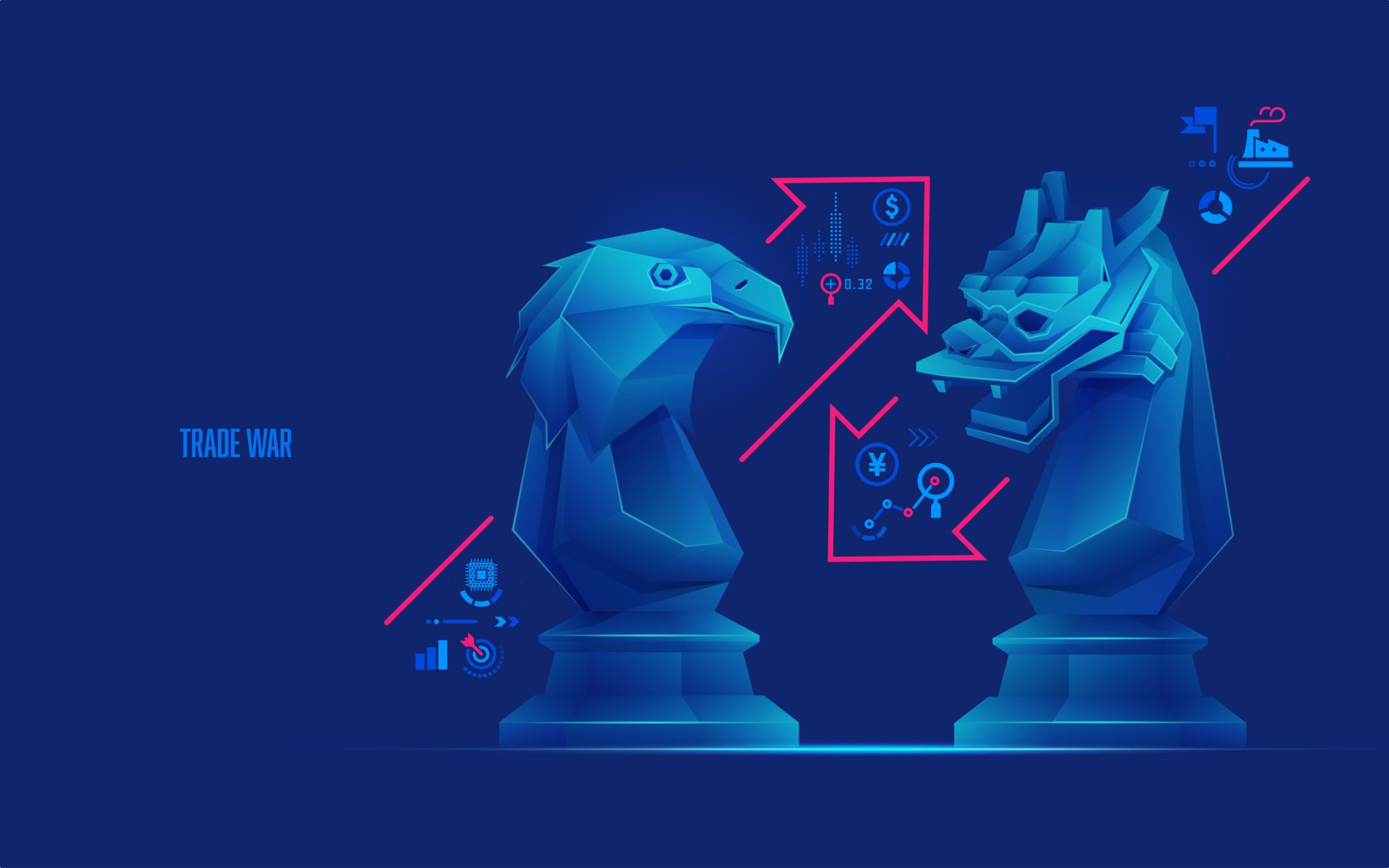 concept of international trade war, graphic of eagle chess piece versus dragon chess piece with business icons