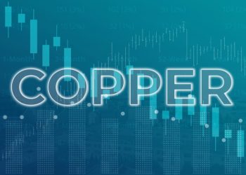 Price change on trading Copper futures on blue finance background from graphs, charts, columns, candles, bars, numbers. Trend Up and Down, Flat. 3D illustration. Financial derivatives market concept