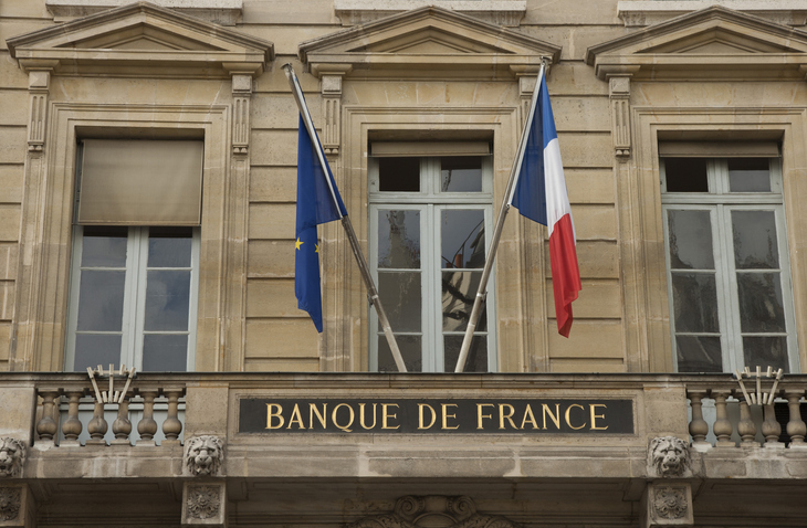 Bank of France buiding with french and european flags