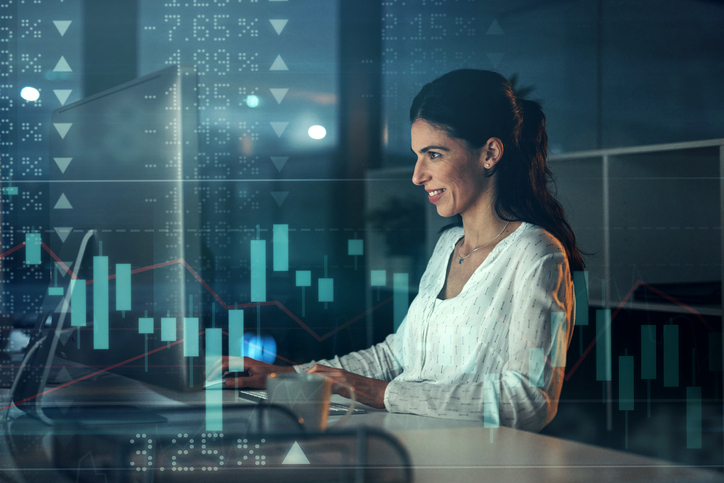 Girl on computer with overlay of data, chart and analytics of stock market, trading and crypto currency. Business woman smile and happy about economy financial growth for bitcoin, forex or nft profit