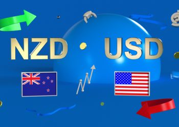 Gold-plated NZD and USD symbols with New Zealand and US flags set against abstract shapes, arrows and charts. 3D rendering. Finance concept, forex