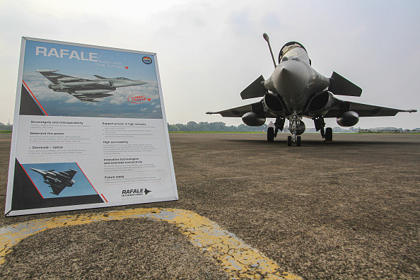 JAKARTA, INDONESIA - JULY 26: A Rafale fighter jet from France on display at Halim Perdana Kusuma Military Base in Jakarta, Indonesia on July 26, 2023. The Indonesian government plans to buy 6 of the planned 42 fighter jets in the Indonesian Air Force for air defense modernization from Airbus Defense France. (Photo by Eko Siswono Toyudho/Anadolu Agency via Getty Images)