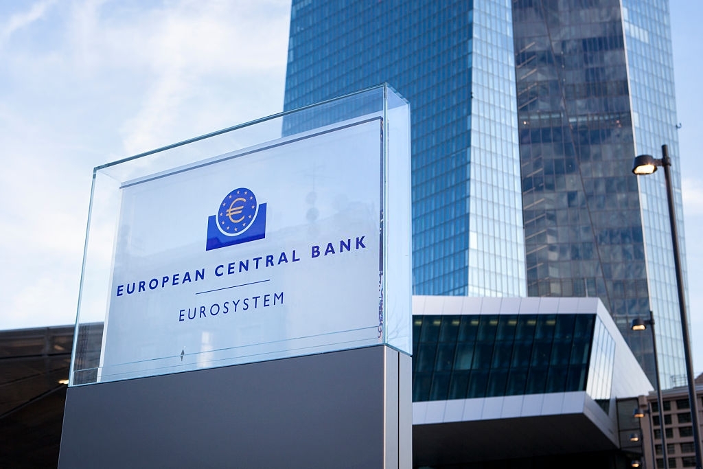 Frankfurt, Germany - March 7, 2015: New building of European Central Bank ECB, EZB headquarters at Eastend Frankfurt, Germany a few days before its opening. Entrance and logo in front of the building