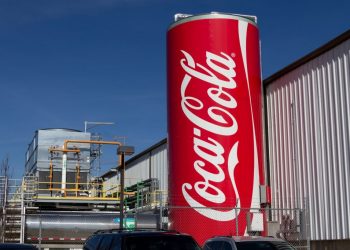 Indianapolis - Circa February 2017: Can of Coca Cola adorns the Bottling Plant. Coca-Cola manufactures Coke, Diet Coke, Sprite, Dasani, and various Coke coffee products.