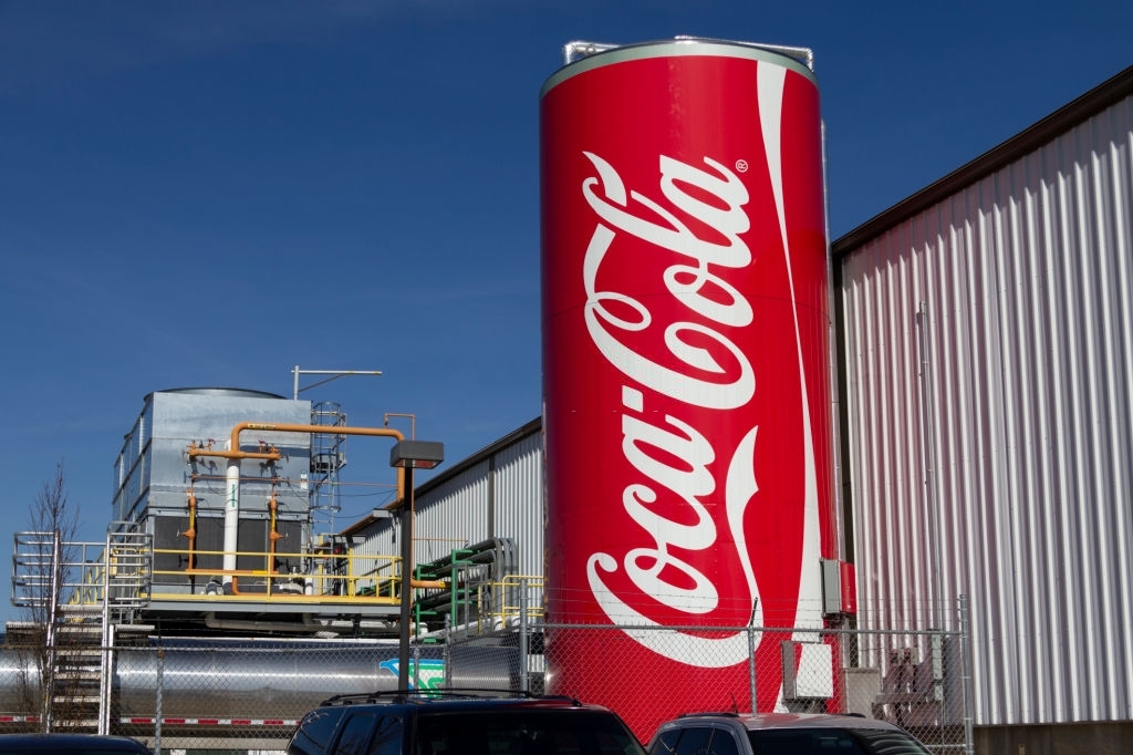 Indianapolis - Circa February 2017: Can of Coca Cola adorns the Bottling Plant. Coca-Cola manufactures Coke, Diet Coke, Sprite, Dasani, and various Coke coffee products.