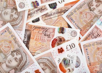 A lot of United Kingdom 10 pounds banknotes. Money horizontal background.
