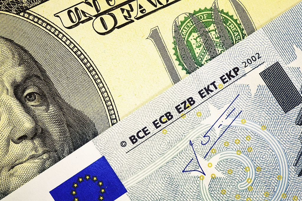 Close-up of One Hundred Dollar Bill and European Union Euro Note. High resolution photo taken with Canon 5D Mark II and Sigma lens.