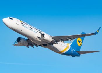 Munich, Germany - February 17, 2019: Ukraine International Boeing 737 airplane at Munich airport (MUC) in Germany. Boeing is an aircraft manufacturer based in Seattle, Washington.