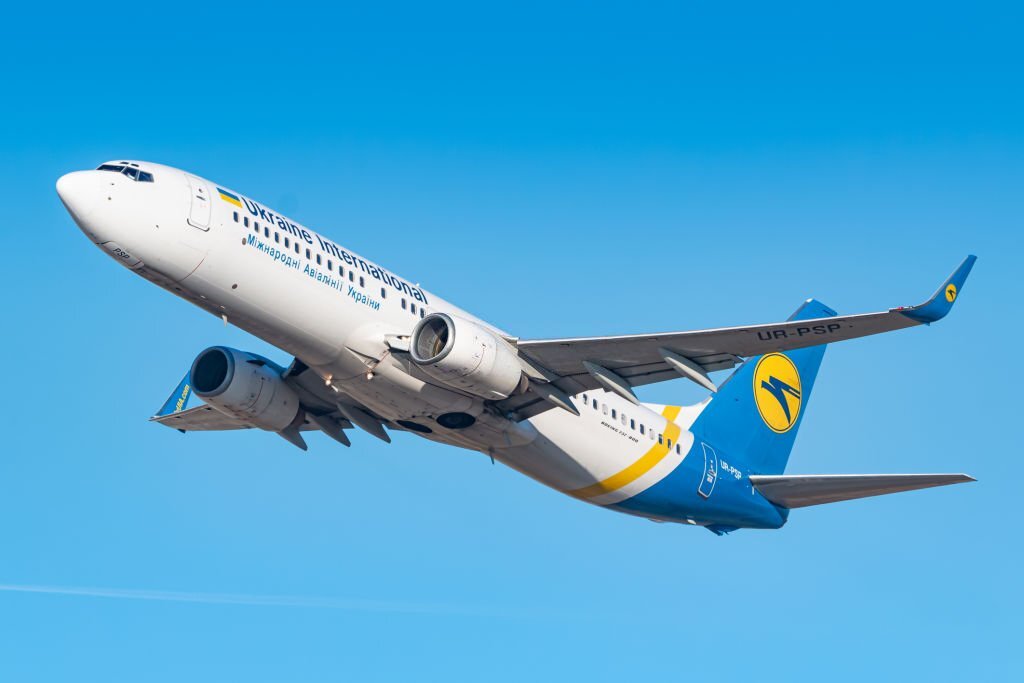 Munich, Germany - February 17, 2019: Ukraine International Boeing 737 airplane at Munich airport (MUC) in Germany. Boeing is an aircraft manufacturer based in Seattle, Washington.